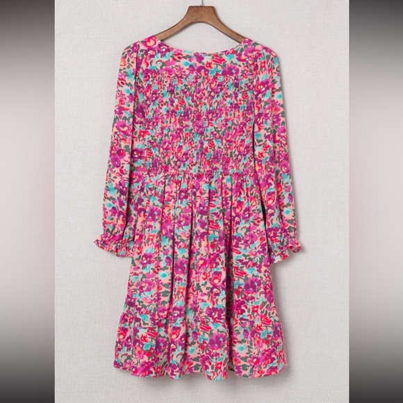 Fuchsia Smocked Puffy Sleeve Floral Drop Waist Dress - Picture 8 of 10